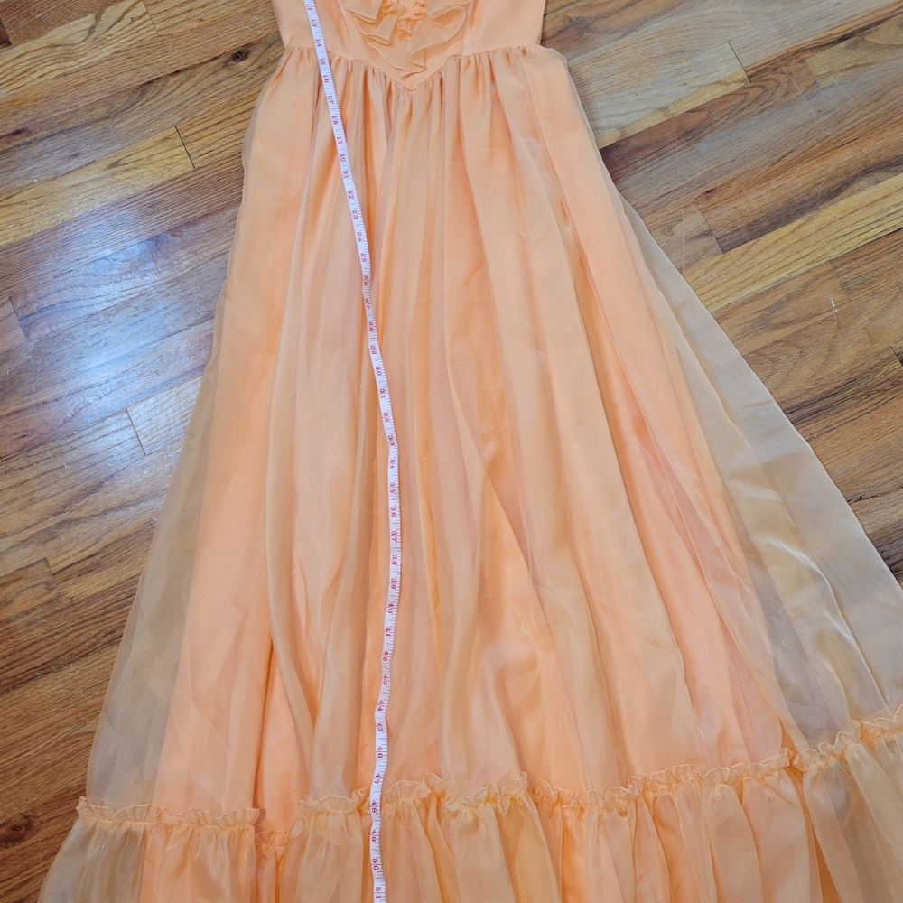 Vintage 1970s Full-length Prom Dress Peach Ruffles Long Flowy Chiffon Formal - Picture 14 of 16